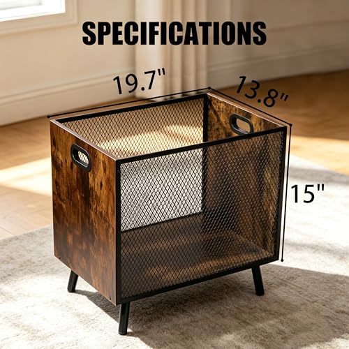 FANTERSI Rustic Brown 66L Blanket Basket Organizer - Wood & Metal Mesh Storage