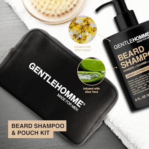 Beard Shampoo & Pouch Kit - Men¡¯s Beard Wash - Hydrate, Cleanse, Soften & Strengthen - For Itchy & Flaky Facial Hair - With Witch Hazel - All Skin & Beard Types - Vegan - Amber Leather Scent - 8oz
