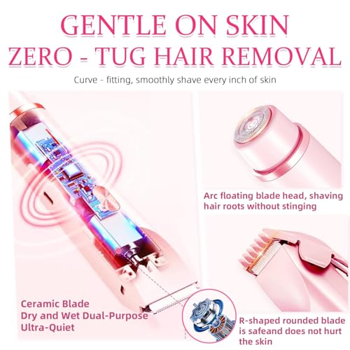 Bikini Trimmer for Women, 2 in 1 Electric Razors for Women, Dermave Bikini Shaver, IPX7 Waterproof & Easy Cleaning, Ceramic Blade, 120 Min Cordless Runtime, Ultra Low Silent(Pink).