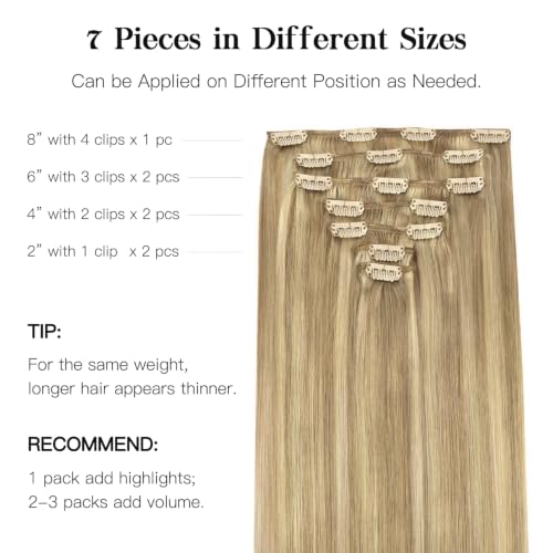 Hotbanana Ash Tone 16-Inch Clip-in Hair Extensions - Light Blonde Highlights, 120g, 7pcs
