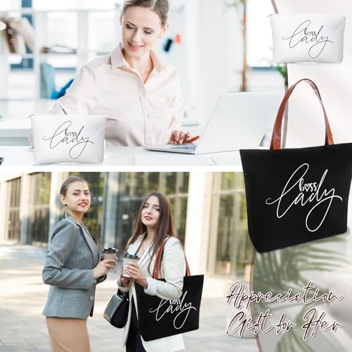 Sieral 2 Pcs Boss Lady Gift Bosses Day Lady Tote Bag with Zipper Makeup Bag Appreciation Gifts for Women Female Leader Coworker Colleague Birthday