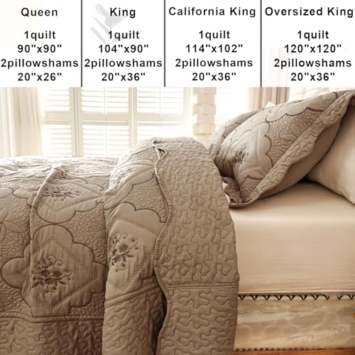 Cmfshape Oversized Floral Embroidery Quilt Set - Super King Taupe 120x120