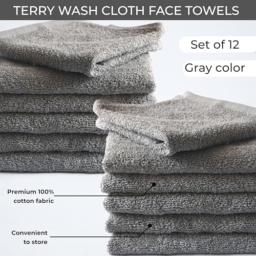 Gray Cotton Washcloths Set of 12 - 12x12 Inch Soft Bath Rags for Body & Face - LIVINATI