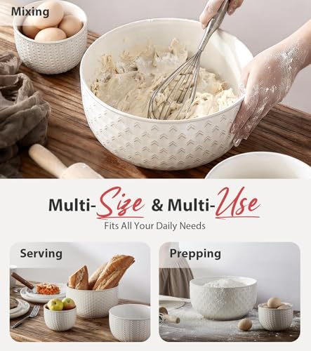 Ceramic Mixing & Serving Bowls Set of 4 - Ivory White, Rustic Design