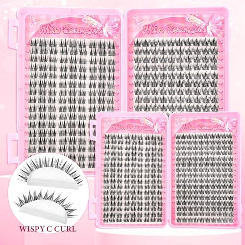 Lash Clusters Kit 608pcs, Natural Wispy DIY Eyelash Lashes Clusters Manga Extensions Kit, Spiky Lash Clusters D Curl with Lash Glue Brush Tweezer Remover