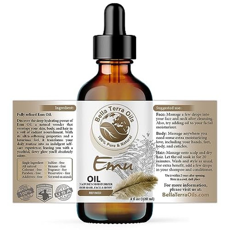 Bella Terra Oils - Emu Oil 4oz - The Ultimate Australian Emu Elixir, Packed with Essential Fatty Acids and Vitamins, Timeless Beauty's Secret Ingredient