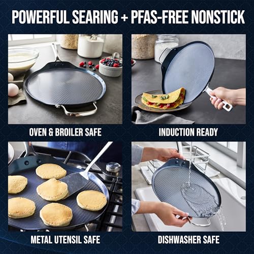 12-Inch XL Diamond-Textured Hybrid Griddle Pan - Stainless Steel Nonstick