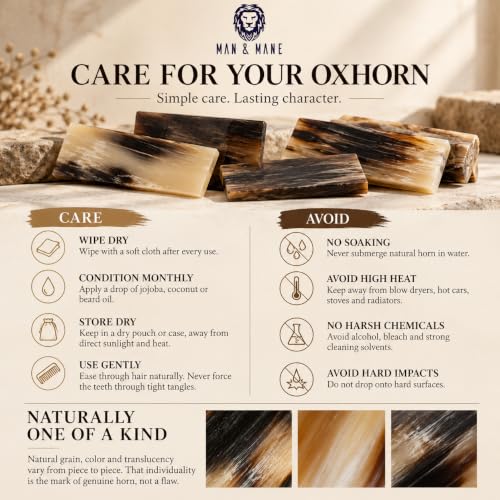 MAN & MANE Premium Oxhorn Anti-Static Fine Tooth Rat Tail Comb (Fine Tooth, Rat Tail) 100% Oxhorn