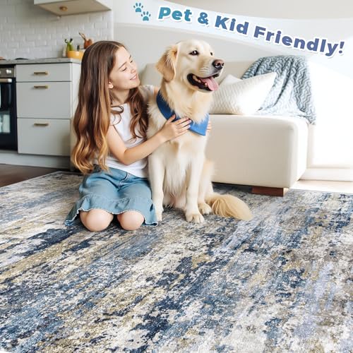 Pmtsns Large Washable Area Rug 8x10 Modern Abstract Neutral Blue Grey Brown Non-Slip Low-Pile for Living Room Bedroom Home Office