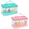 Clear Makeup & Hair Pouch Set - Pink & Green Chenille Letter Bags