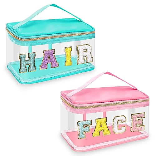 Clear Makeup & Hair Pouch Set - Pink & Green Chenille Letter Bags