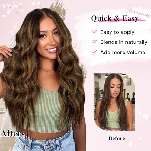 Clip-In Hair Extensions 8PCS 20 Inch Wavy Dark Brown & Light Brown Mix - Synthetic Lace Weft for Women