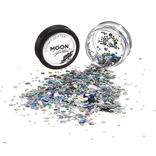 Moon Glitter Holographic Chunky Glitter 100% Cosmetic Glitter for Face, Body, Nails, Hair and Lips - 0.10oz - Silver