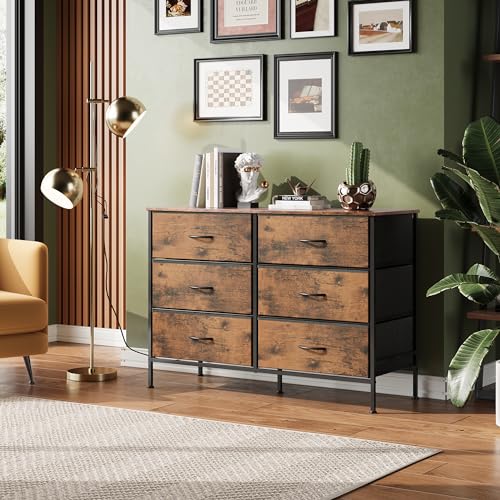 WLIVE Rustic Brown Dresser with 6 Fabric Drawers, 42.3" TV Console Storage