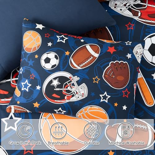Wink Deer Full Size Ball Glow in the Dark Comforter Set for Boys, 7 Pieces, Sports Ball Pattern