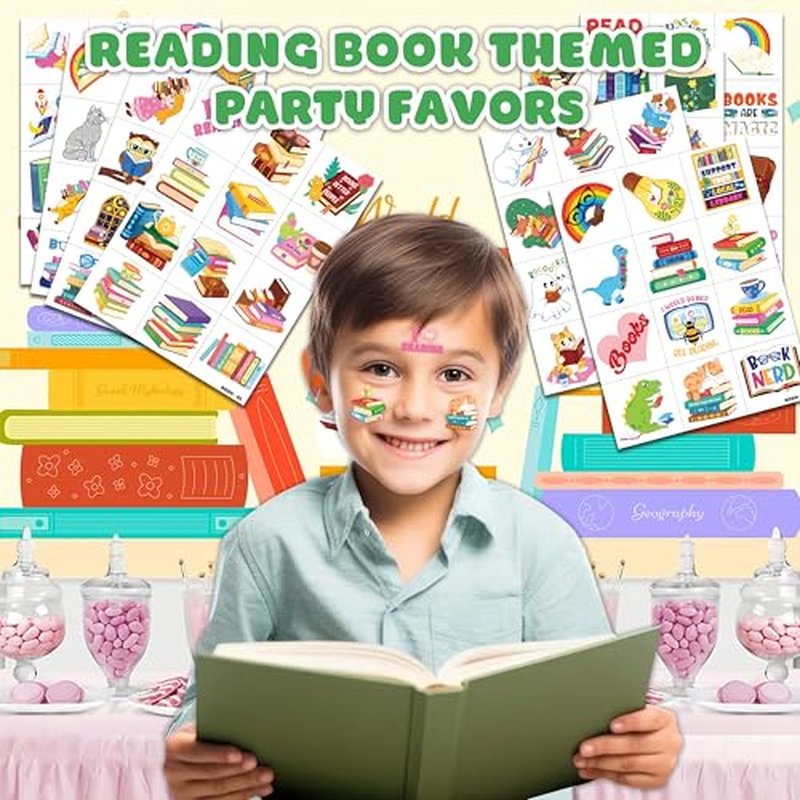 96 PCS Reading Book Pre-Cut Temporary Tattoos for Kids | Super Cute Library Booklist Nerd Themed Birthday Party Favors, Supplies, Decorations, Fake Tattoo Stickers, School Rewards & Gifts Boys & Girls