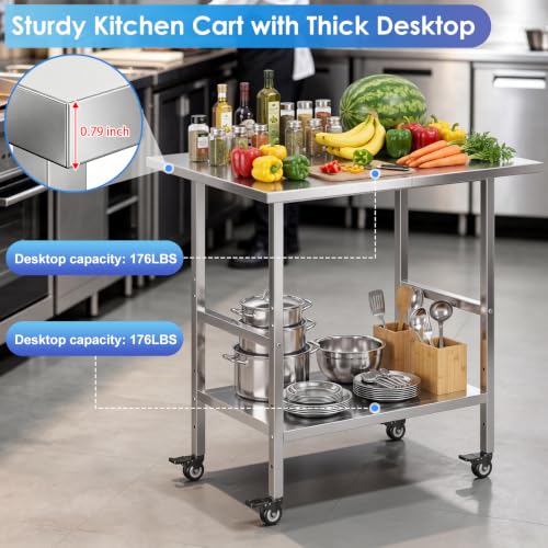 Stainless Steel Mobile Prep Table with Adjustable Shelf & Lockable Casters