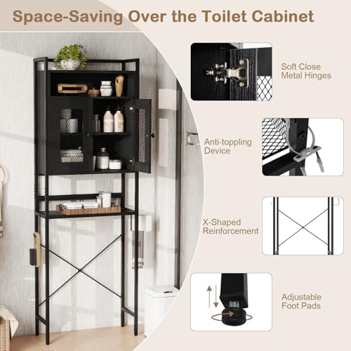 Over The Toilet Storage Cabinet - 5-Tier Bathroom Organizer with Mesh Doors - Black / Rustic Variation