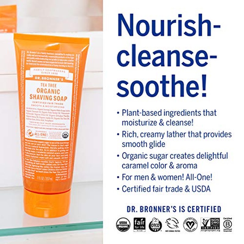 Dr. Bronner's - Organic Shaving Soap (Tea Tree, 7 Ounce) - Certified Organic, Sugar and Shikakai Powder, Soothes and Moisturizes for Close Comfortable Shave, Use on Face, Underarms and Legs