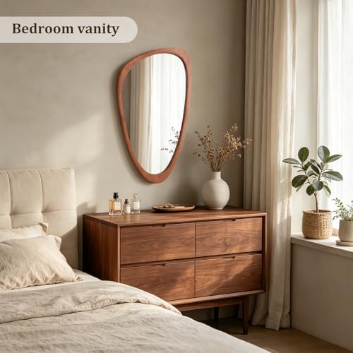 Walnut 30x19 Inch Asymmetrical Wooden Wall Mirror - Pebble-Shaped Mid-Century Decor