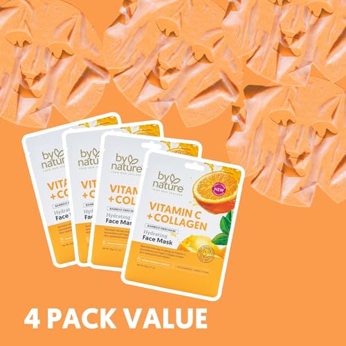 By Nature Vitamin C + Collagen Sheet Face Mask with Vitamin E ? Firming, Anti-Aging Facial Treatment for Radiance, Elasticity & Hydration ? Skincare for Pre-Event Glow & All Skin Types ? Pack of 4