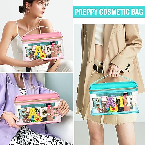 Clear Makeup & Hair Pouch Set - Pink & Green Chenille Letter Bags
