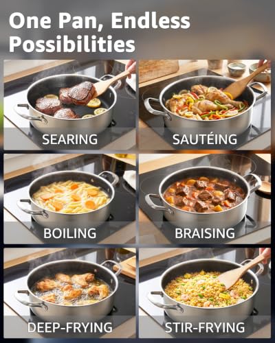 Large 8 QT Deep Frying Pan with Lid - 13 Inch Skillet for Family Meals