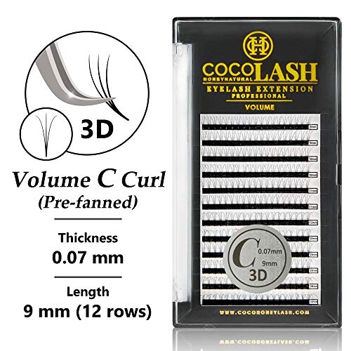 COCO Honey Lash Eyelash Extensions, Volume C Curl [3D] [0.07mm], Faux Mink Individual Lash Extensions (Length: 9mm)