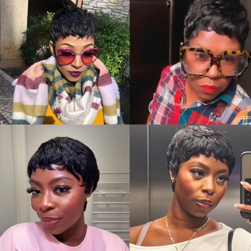 ShowReal Short Wavy Pixie Cut Human Hair Wig - Black, Glueless, Model 9047-1B