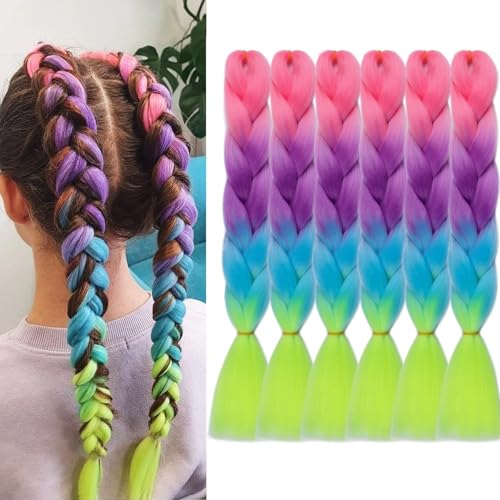 Rainbow Braiding Hair Extensions 24in, Pre-Stretched Synthetic Multicolor 6 Packs - Rouge Pink-Purple-Blue-Green