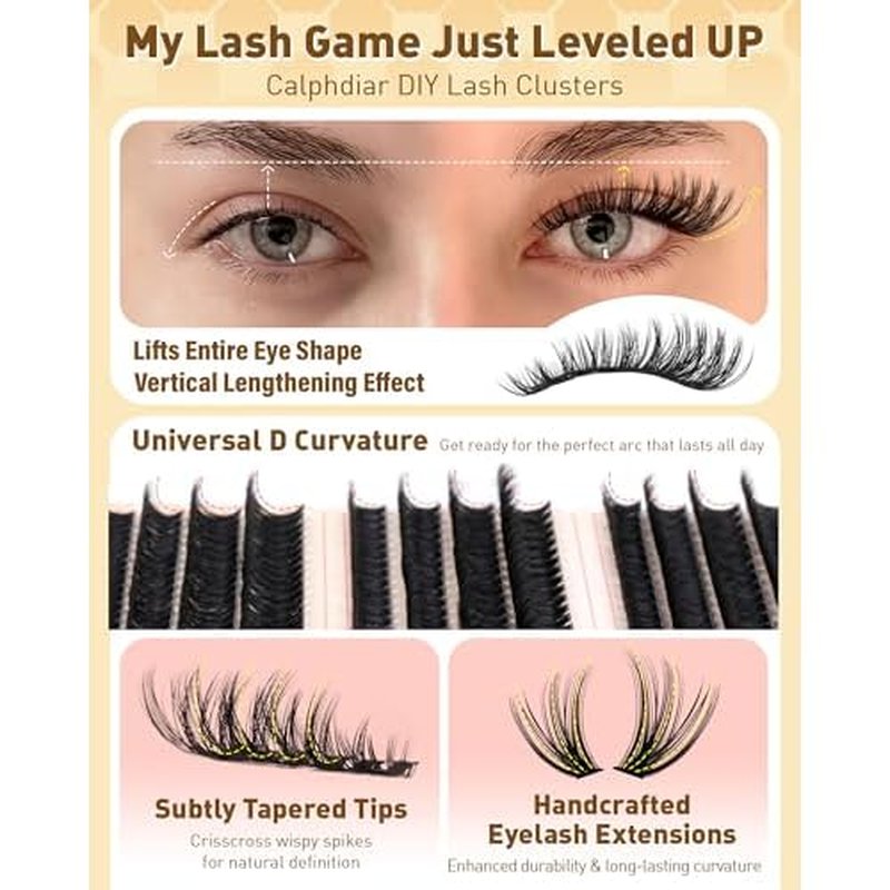Calphdiar Eyelash Clusters 30D+40D+50D+60D+80D+100D Lash Clusters Wispy Individual Lashes 476PCS D-curly Lash Extension 10-16MM Natural Lashes Clusters DIY Cluster Eyelash Extensions