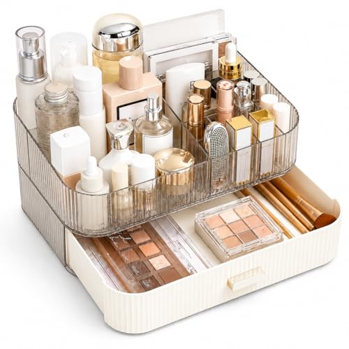 Decorcode Makeup Organizer with 1 Tray & Wide Drawer - Cream White Stackable Vanity Storage