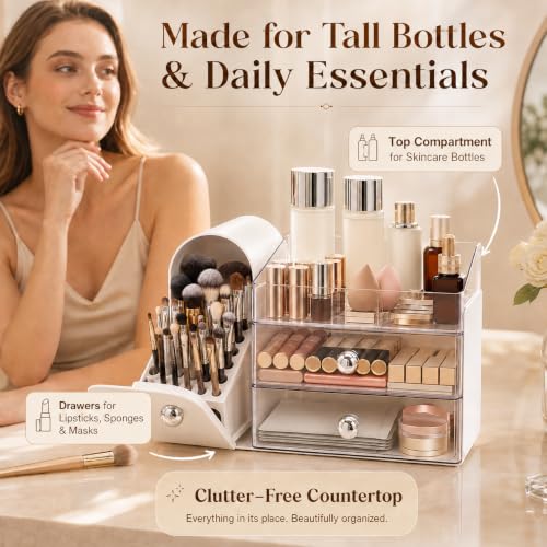 Large Makeup Organizer with 27 Brush Slots and Drawer Storage