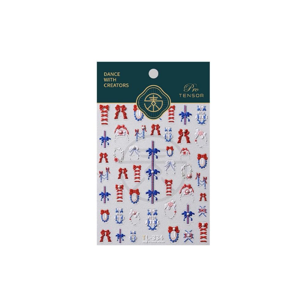 Red Blue Nail Stickers Bow Nail Art Decals Cartoon Nail Sticker for Nails Art Self Adhesive 5D Embossed with Pearl Design Manicure Supply Decoration Accessories for Women Girls Kid