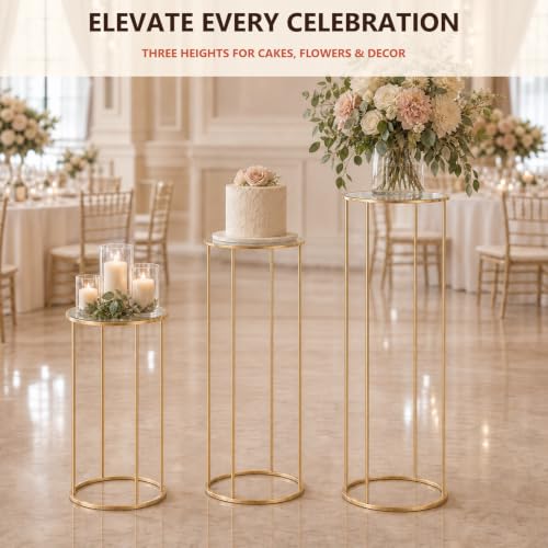 Gold Metal Cylinder Pedestal Stands 3-Pack for Party Decor & Cake Displays