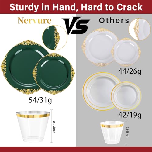 Green Plastic Dinnerware Set for 50 Guests - Gold Rim, 350 Pieces, Includes Plates Cups & Utensils