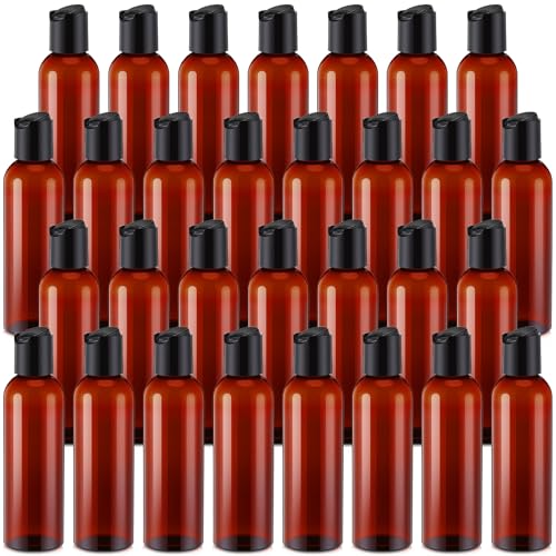 30 Pack 5.1 oz Amber Plastic Travel Squeeze Bottles with Flip Cap for Liquids and Lotions