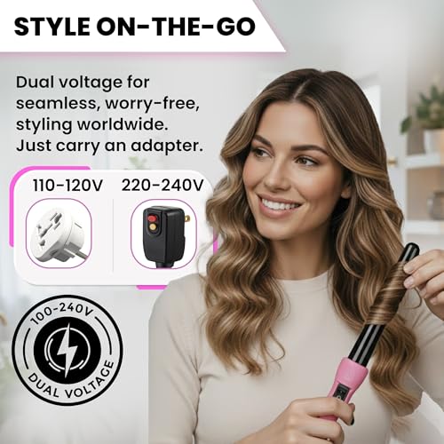 HerStyler Grande Ceramic Curling Iron - 1 Inch Pink Tapered Barrel, Dual Voltage, Negative Ions