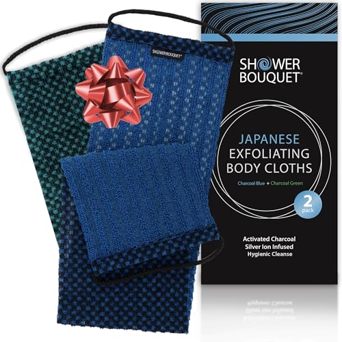 Shower Bouquet Japanese Charcoal & Silver Ion Exfoliating Washcloth Set 2-Pack - Blue & Green Variants