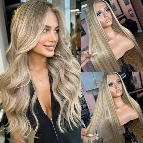 Benafee Highlight Ombre Ash Blonde 13x4 Lace Front Wig 18 Inch Light Blonde Highlights, Pre-Plucked Natural Hairline, 180% Density, Human Hair, Glueless