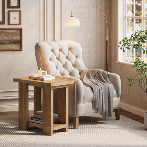 Light Brown 2-Tier Farmhouse End Table with Storage Shelves - LITTLE TREE