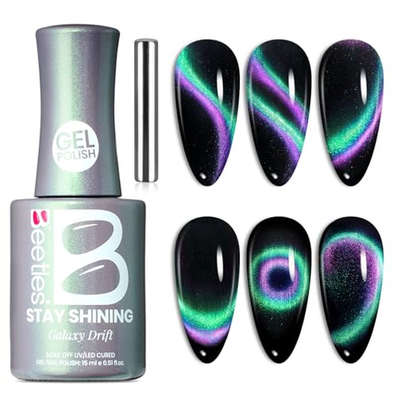 Beetles Stay Shining Cat Eye Gel Nail Polish - 15ML 9D Chameleon Cat Eye Green Purple Double Magic Colors Gel Polish with Magnet Soak Off UV Galaxy Drift Collection Nail Art Design Gift for Women