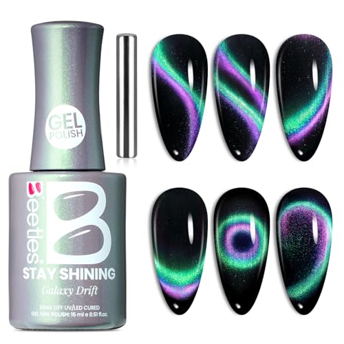 Beetles Stay Shining Cat Eye Gel Nail Polish - 15ML 9D Chameleon Cat Eye Green Purple Double Magic Colors Gel Polish with Magnet Soak Off UV Galaxy Drift Collection Nail Art Design Gift for Women