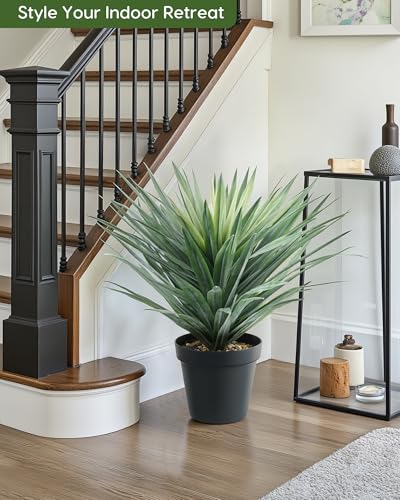 Green Artificial Agave Plant in Black Pot - 27-Inch Tall, Real Stone Pebbles