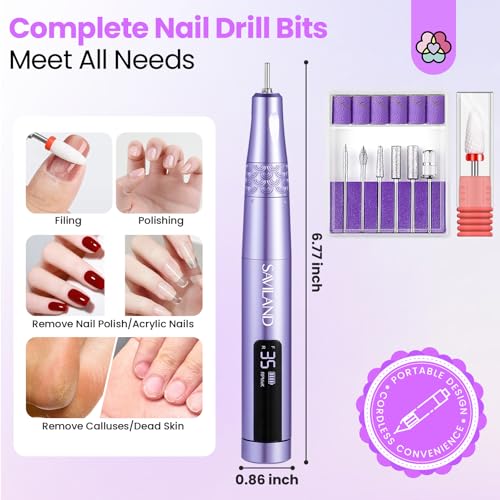 SAVILAND Electric Nail Drill: 35000RPM Cordless Electric Nail File Portable Nail Drill Professional 0 Vibration Hight Speed for 3 Mins Removal Acrylic for Manicure Pedicure Nail Salon at Home£¨Purple£©