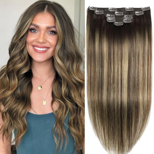 16 Inch Clip-In Hair Extensions - Balayage Chocolate Brown to Caramel Blonde, Remy Human Hair