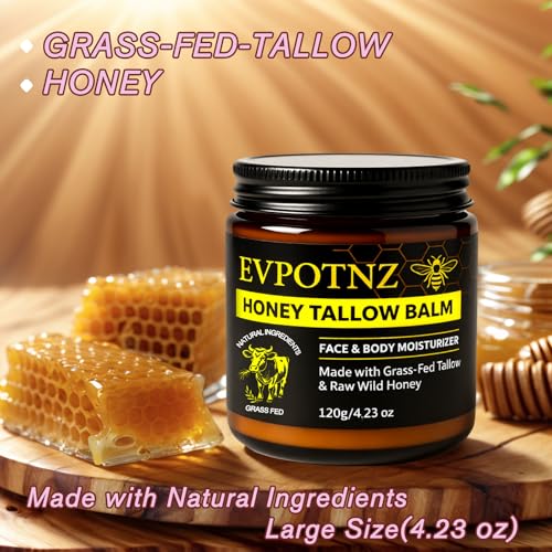 Whipped Beef Tallow & Honey Balm (4.23 oz Large Jar) - Grass Fed Tallow Face Moisturizer for Dry Sensitive Skin& Eczema -Natural Unscented Body Butter&Family