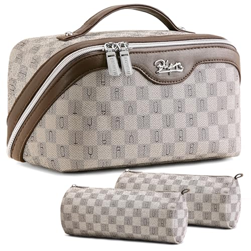 BOYATU Travel Makeup Bag Cosmetic Bags for Women: Large Make up Bags Set of 3 - Portable Makeup Organizer with Compartments&Handle&Divider - Waterproof PU Leather Toiletry Bag(C-1-Light Brown)