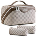 BOYATU Travel Makeup Bag Cosmetic Bags for Women: Large Make up Bags Set of 3 - Portable Makeup Organizer with Compartments&Handle&Divider - Waterproof PU Leather Toiletry Bag(C-1-Light Brown)