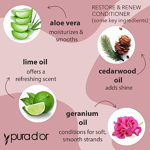 PURA D'OR Restore & Renew Shampoo and Conditioner Set for Strong, Healthy, and Nourished Hair with Organic Aloe Vera, Rosemary, Sea Buckthorn, Cacay, Coconut, Seaberry & Cedarwood